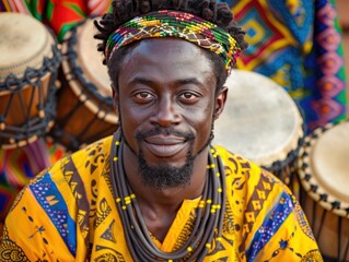Obraz premium Smiling African drummer in colorful traditional attire