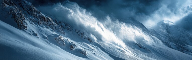Dramatic snow avalanche rushing down a steep mountain slope
