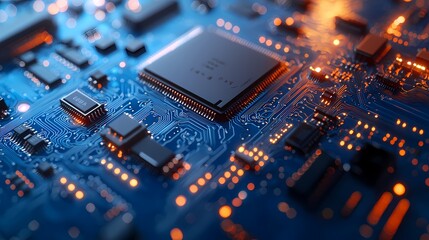 Fototapeta premium Close-up of a futuristic blue circuit board with glowing lights and intricate details.