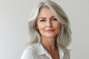 Fototapeta premium Beautiful mature woman with healthy skin looking at the camera, highlighting mid-age beauty and skincare routines on white background