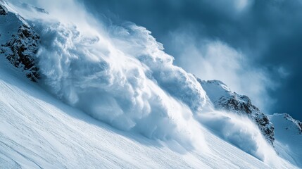 Dramatic snow avalanche rushing down a steep mountain slope
