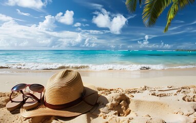 Hat, sunglasses and flip flops on tropical beach. Vacation concept