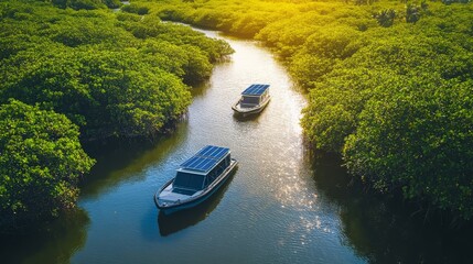 Eco-Friendly Solar-Powered Boats Gliding Through Lush Green Mangrove Forest, Promoting Sustainable Tourism in Natural Habitat