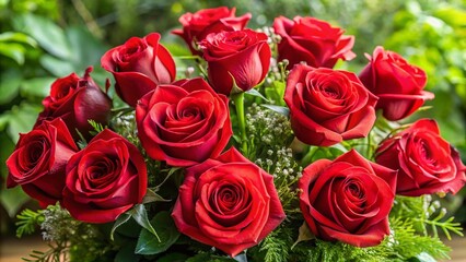 A Beautiful Arrangement of a Dozen Red Roses with Lush Greenery for Romantic Occasions and Gifts