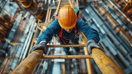 Worker wearing a hard hat and safety harness, climbing a ladder on an oil rig tower