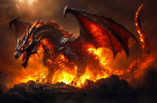 Giant fire dragon spreading its wings over lava and fire