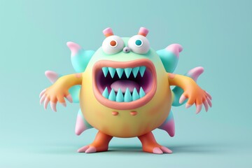 Fototapeta premium 3D monster character with bold colors standing against a white background under studio lighting.