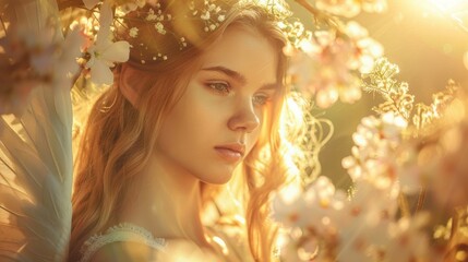 Fototapeta premium Radiant young woman with white angel wings, standing in a sun-drenched garden. Scene is filled with a sense of magic and tranquility, with golden light highlighting her angelic presence.