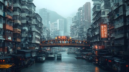 River flowing under bridges with illuminated city buildings at night