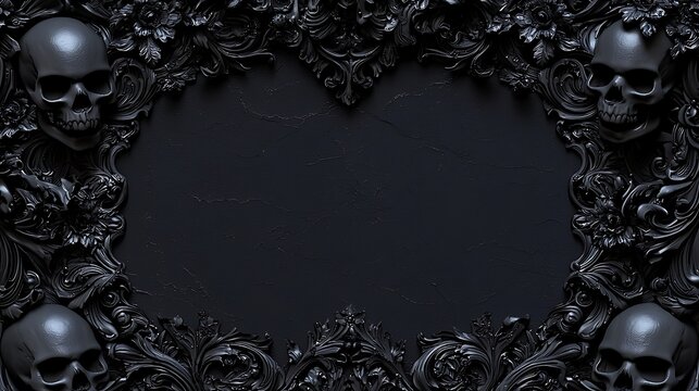 Gothic Halloween frame with dark ornate designs and skulls, perfect for invitations.