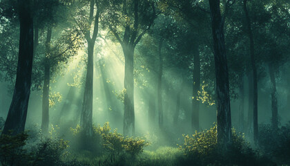 Fototapeta premium Tall, misty trees with sunlight streaming through the branches, creating a magical and mysterious forest atmosphere