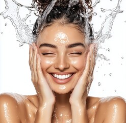 A beautiful woman smiling, washing her face with water in the style of an advertising photograph for skincare products.