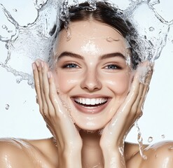 A beautiful woman smiling, washing her face with water in the style of an advertising photograph for skincare products.A beautiful woman smiling, washing her face with water in the style of an adverti