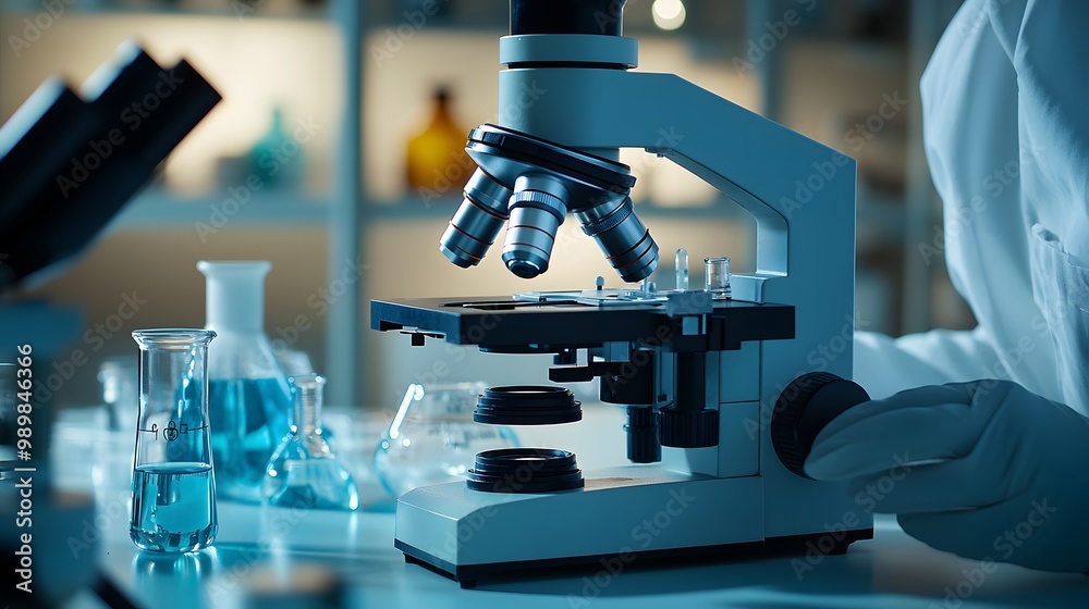 Poster close-up of a microscope in a laboratory setting