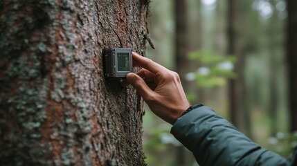 Hiker Securing Trail Camera to Tree Trunk
