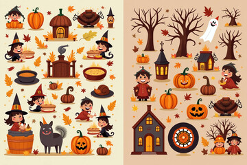 Fototapeta premium Playful Halloween and autumn-themed illustrations featuring children, pumpkins, and festive elements.