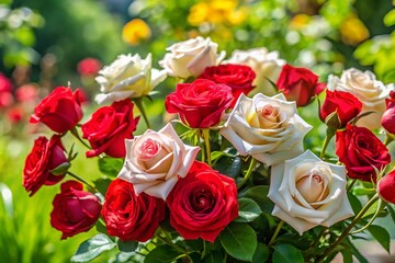 Naklejka premium Beautiful Arrangement of Red and White Roses in a Garden Setting for Floral Decoration and Gifts