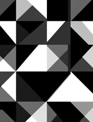 Geometric abstract design featuring a pattern of black and white squares with   triangles  , set against a monochrome gray background.