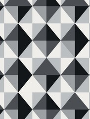 Geometric abstract design featuring a pattern of black and white squares with   triangles  , set against a monochrome gray background.