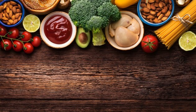 Top viewof delicious various kinds of healthy  vegetable on the wooden surface background. Copy Space, World Food Day concepts