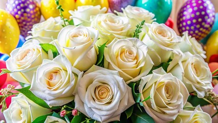 Obraz premium Beautiful bouquet of white roses with birthday decorations, perfect for celebrating special occasions