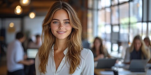 A young professional woman in her late thirties, portrait, smiling at the camera with confidence and determination as she stands against an open office space background.