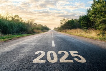 A hopeful journey on an empty road leading to the horizon, marked 2025 symbolizing a bright future of positivity and success
