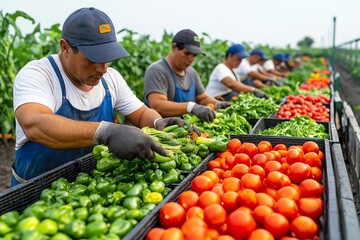 A group of farmers sorting freshly picked vegetables, preparing them for transport to local markets