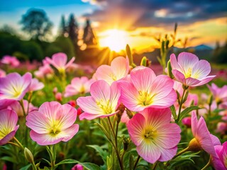 Fototapeta premium Beautiful evening primrose pink flowers blooming in a serene garden setting during golden hour