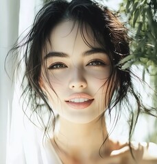 A beautiful woman with natural-looking makeup smiles for the camera, with a light background and some greenery in front of her.