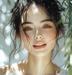 A beautiful woman with natural-looking makeup smiles for the camera, with a light background and some greenery in front of her.