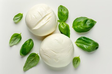 Obraz premium Mozzarella cheese balls and basil leaves isolated on white background cutout