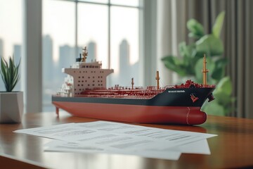 Cargo ship model on table with documents and cityscape view