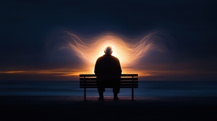 Obraz premium Silhouette of Person Sitting on Bench at Dusk with Abstract Light