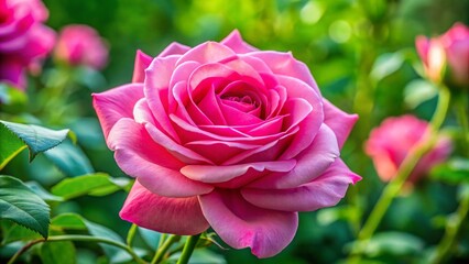 Obraz premium Beautiful pink garden rose blooming in a lush green garden, symbolizing love and elegance in nature