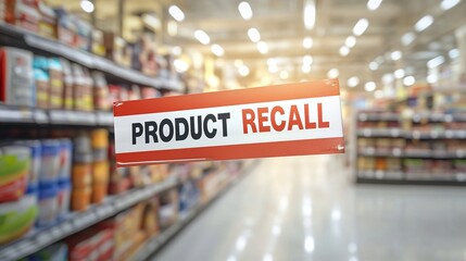 Recalled product labeled with the words "PRODUCT RECALL" prominently displayed,a blurred supermarket background.food recall,consumer protection,consumer rights,Security Alerts.