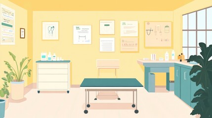 Fototapeta premium A bright and organized veterinary clinic interior with medical supplies and a treatment table.