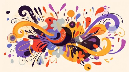 White background adorned with colorful, hand-drawn swirls and shapes in shades of purple, red, orange, yellow, pink, blue, green, brown, gray, light black, off-white, beige, and sky blue. 