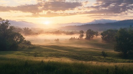 Obraz premium Tranquil Monday Morning: Misty Sunrise Over Calm Countryside