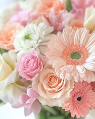 Obraz premium A bouquet of flowers with pink and white flowers, including roses and daisies