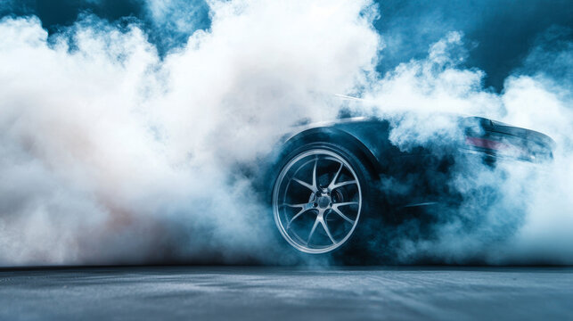 A high performance car accelerates from standstill, creating dramatic scene filled with smoke and excitement. powerful engine roars as tires grip surface, showcasing speed and adrenaline