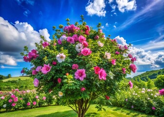 Obraz premium Beautiful Rose of Sharon Tree in Full Bloom Surrounded by Lush Green Foliage and Blue Sky