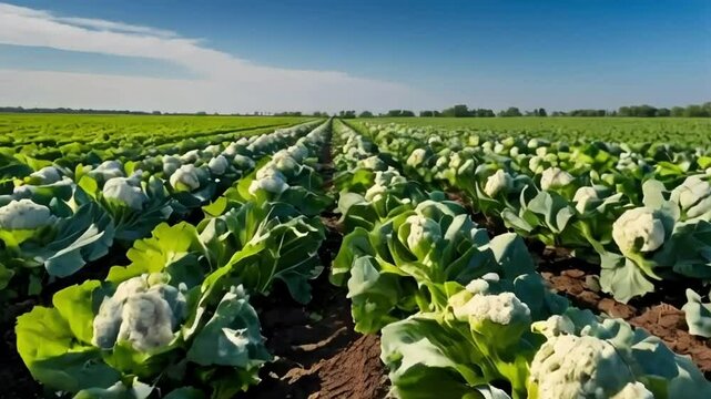 Rows of mature cauliflower plants in a field