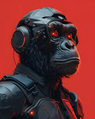 An impressive piece of art showcases a cybernetic chimpanzee donned in advanced armor and a headset, set against a striking red background, exuding a futuristic, scifi vibe