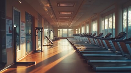 Naklejka premium A bright, spacious gym interior with exercise equipment and natural light streaming in.