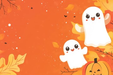 Adorable Halloween party invitation featuring cute ghosts and pumpkins against an autumn leaf background
