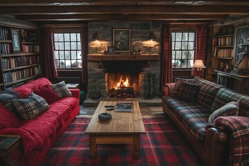 Cozy living room with a fireplace and bookshelves.
