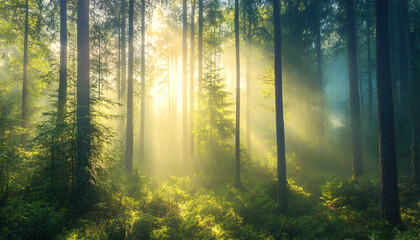 Naklejka premium Tall, misty trees with sunlight streaming through the branches, creating a magical and mysterious forest atmosphere