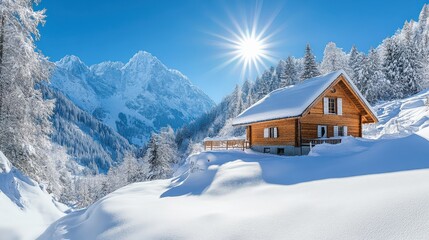 Fototapeta premium Charming snowy chalet with sunlit mountain backdrop