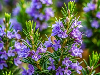 Fototapeta premium Blooming Rosemary Bush in Garden Setting, Showcasing Vibrant Purple Flowers and Green Foliage